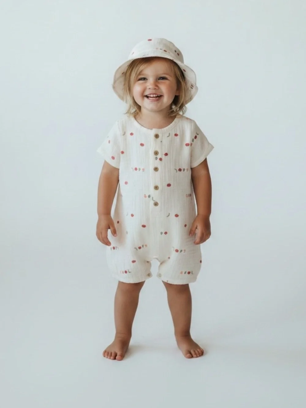 Carter's Cream Romper and Bucket Hat Set With Veggie Print